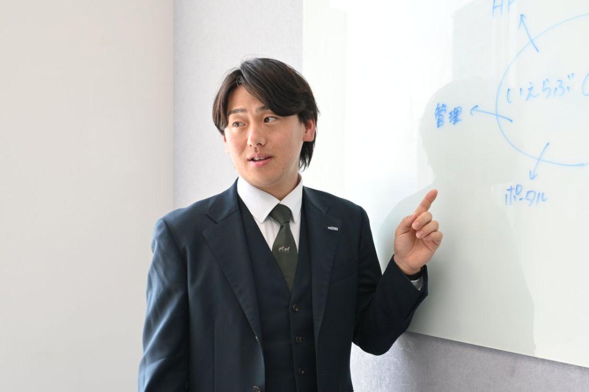 自社調べの特徴を解説する男性