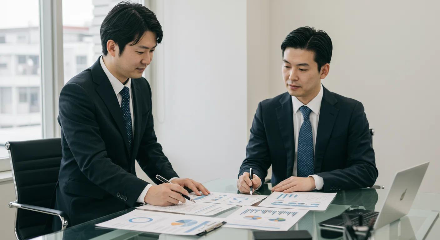 自社調べと第三者調査との違いを説明する男性