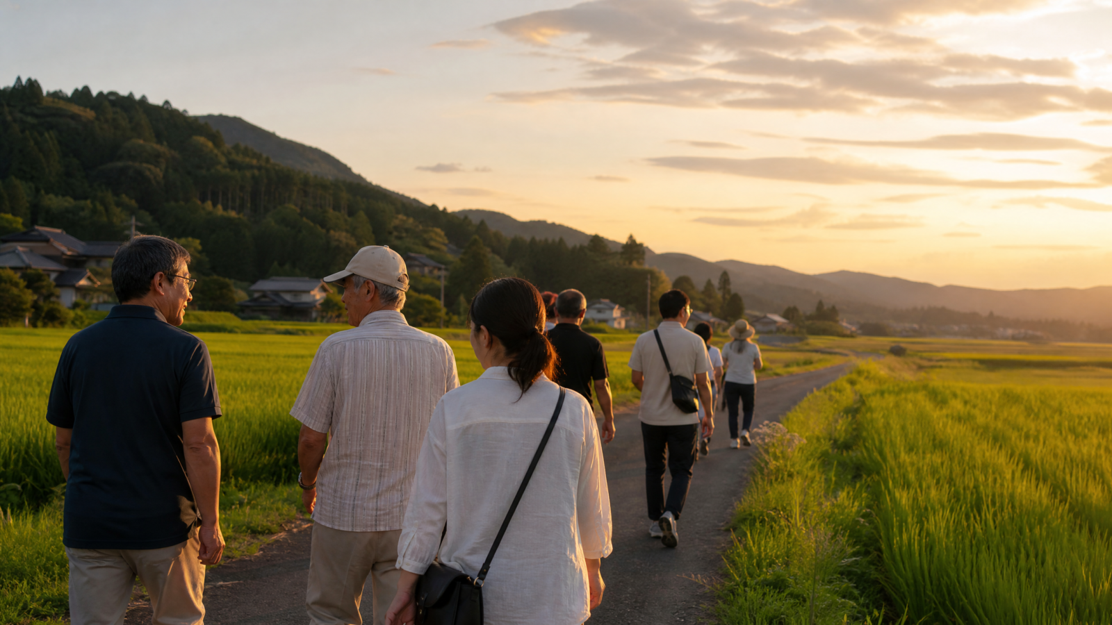 地域の道を歩きながら地域活性化の交流を続ける人々